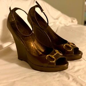 Gucci Metallic Horsebit Bronze Leather Wedge